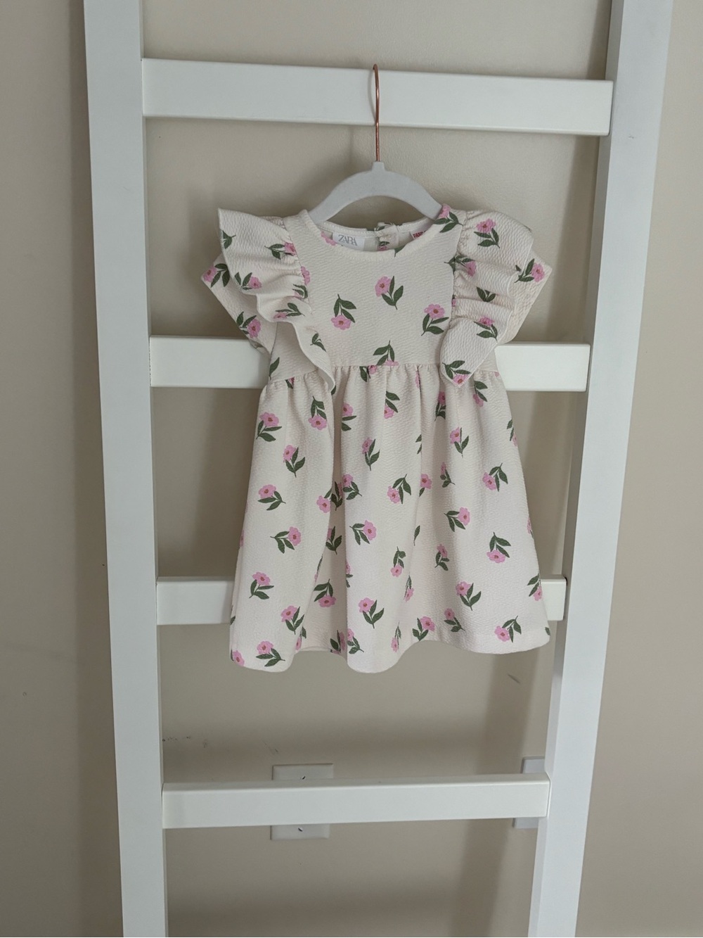 Zara Cream Dress with Pink Floral Ruffles